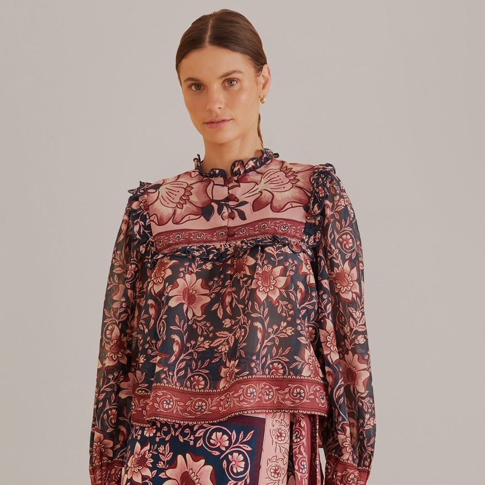 FARM Rio Pink and Black Ruffled Long Sleeve Blouse